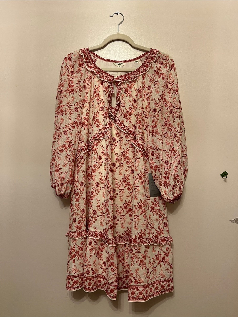 Max Studio Red Floral Long Sleeve Tiered Dress